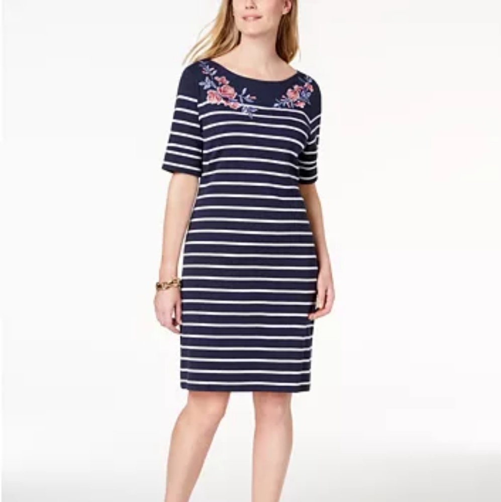 Karen Scott PETITE Stripped Navy Dress SZ: PL-NEW